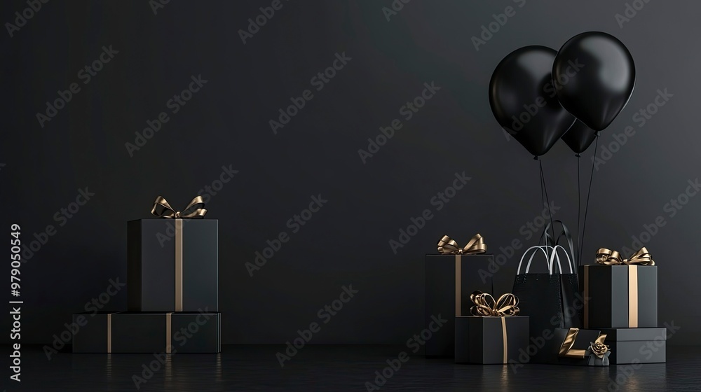 Black Friday poster or banner featuring a black gift box, shopping bag, discount balloon and product display podium. Designed as a sales banner template for social media and websites. generative ai Black Friday poster or banner featuring a black gift box, shopping bag, discount balloon and product display podium. Designed as a sales banner template for social media and websites. generative ai