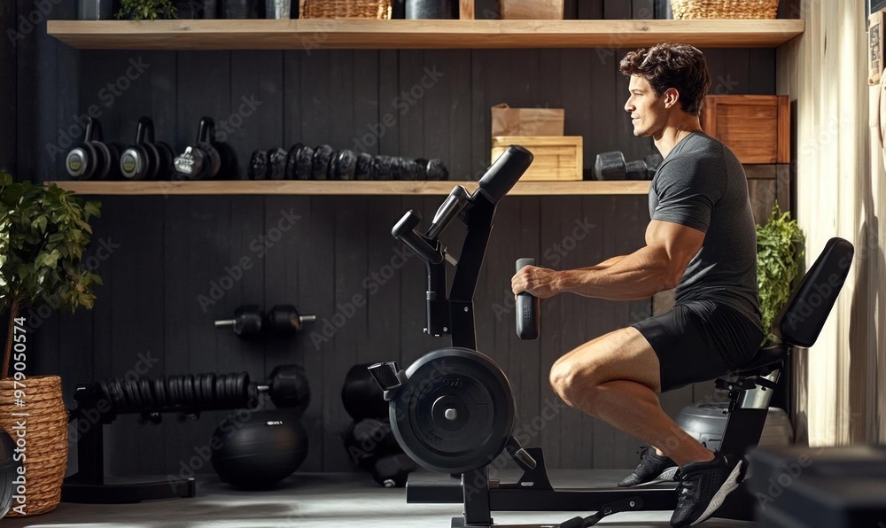 Man working out on a resistance band machine. Man working out on a resistance band machine.
