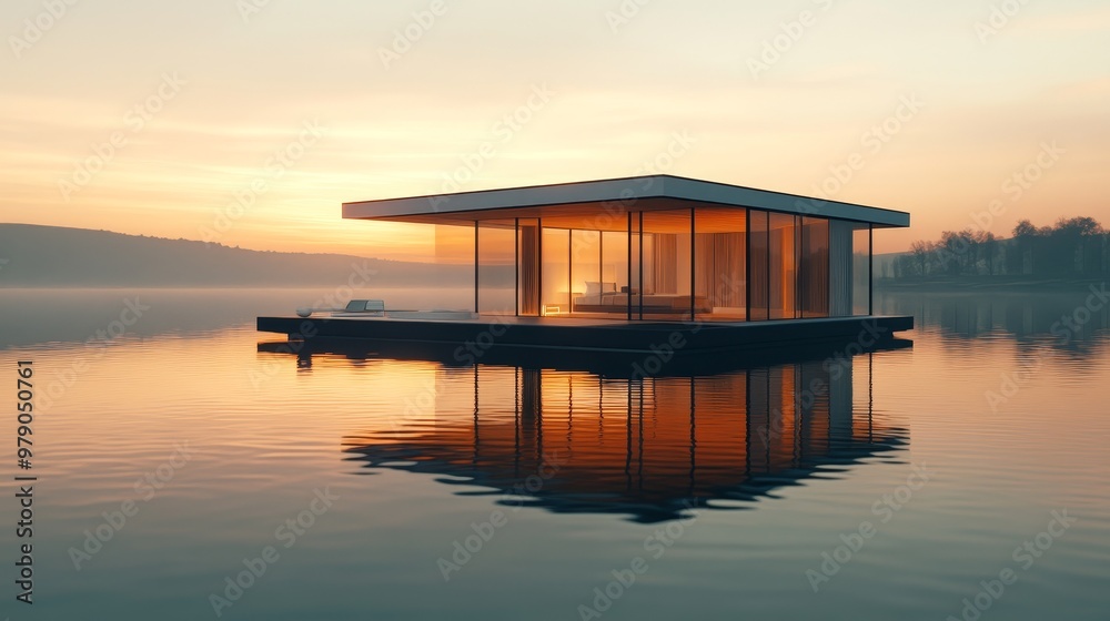 A floating glass cube home, minimalistic with transparent walls, hovering over a tranquil lake at sunriseGentle ripples reflect the structure's sleek geometry A floating glass cube home, minimalistic with transparent walls, hovering over a tranquil lake at sunriseGentle ripples reflect the structure's sleek geometry