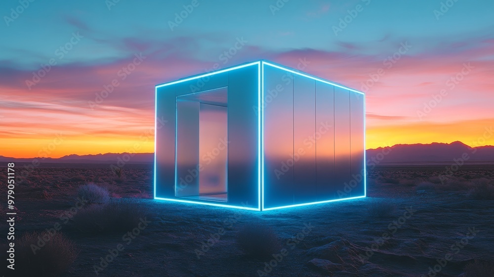 A futuristic cube home with metallic silver panels reflecting the sunset, LED lights tracing the edges in neon blue, surrounded by a minimalistic desert landscape A futuristic cube home with metallic silver panels reflecting the sunset, LED lights tracing the edges in neon blue, surrounded by a minimalistic desert landscape