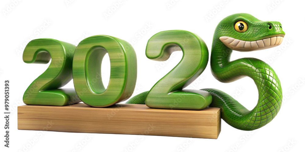 3D cut out green wooden snake, numbers new year 2025 on white transparent background. 3D cut out green wooden snake, numbers new year 2025 on white transparent background.