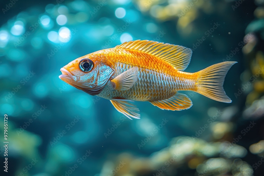 A Single Golden Fish Swimming in a Blue Tank A Single Golden Fish Swimming in a Blue Tank