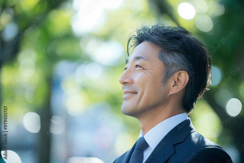 Middle aged Japanese businessman looking towards the city, side view, with a green bokeh background. Asian man is wearing suit and tie, standing outdoors. This is a business concept. Middle aged Japanese businessman looking towards the city, side view, with a green bokeh background. Asian man is wearing suit and tie, standing outdoors. This is a business concept.