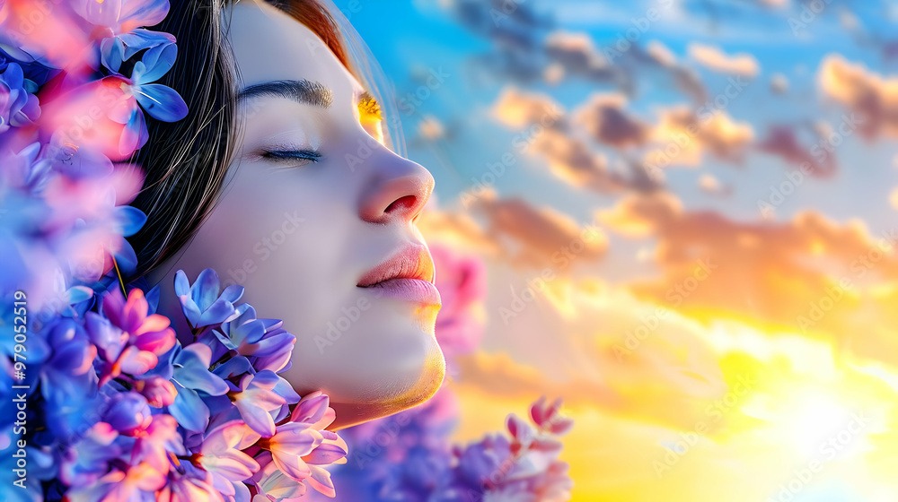 A Woman with Closed Eyes Surrounded by Blooming Flowers Against a Sunset Sky Background A Woman with Closed Eyes Surrounded by Blooming Flowers Against a Sunset Sky Background
