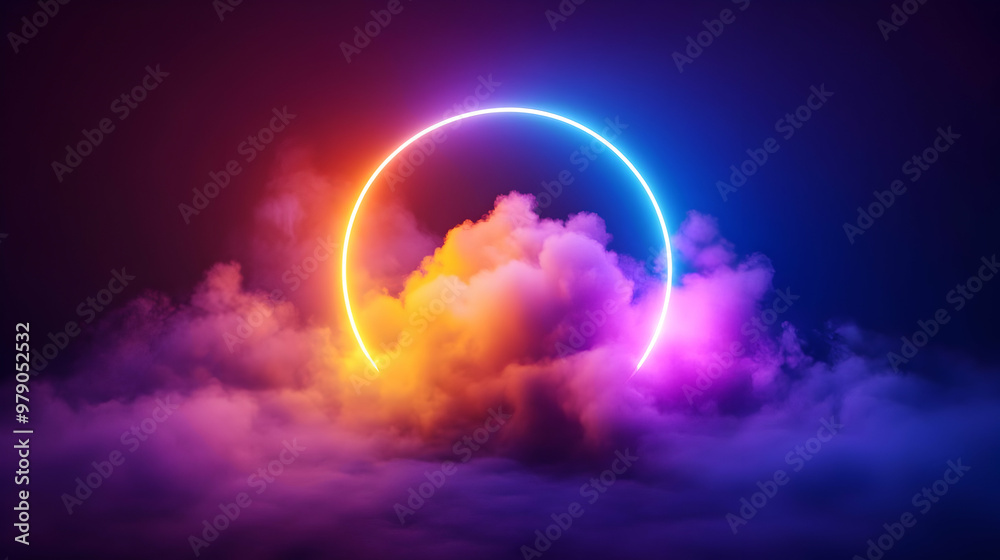 Abstract 3D Neon Circle Glowing in Clouds with Colorful Smoke Rendered Background Abstract 3D Neon Circle Glowing in Clouds with Colorful Smoke Rendered Background