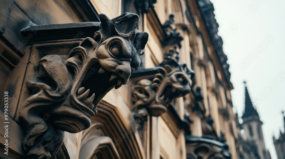 Ornate stone gargoyles extending from the facade of a historic building, showcasing detailed gothic architecture with a blurred background of additional gargoyles and architectural elements. Ornate stone gargoyles extending from the facade of a historic building, showcasing detailed gothic architecture with a blurred background of additional gargoyles and architectural elements.