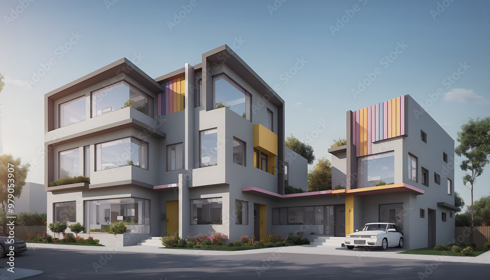 Illustrative frontal view of a new, modern and clearly architecturally planned house, new modern architecture, architectural visualization Illustrative frontal view of a new, modern and clearly architecturally planned house, new modern architecture, architectural visualization