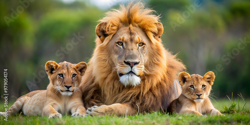 Closeup of a male lion resting with his adorable cubs on grassy ground, lioness, Panthera leo, lion, cub, closeup, family photo