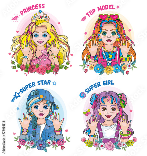 Set beautiful princess on white background. Modern fairy or top model. Portra...