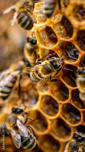 Close-up image of bees on a honeycomb, showing at least six bees busy with hive activities. Bees are yellow and black, varying in size, working industriously in a dynamic hive scene. photo