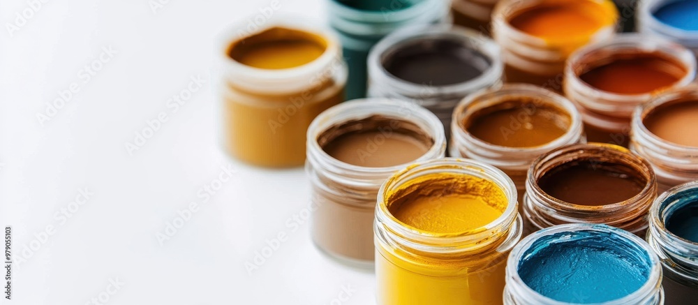 A collection of various colored paints in small glass jars with white caps, arranged on the right side against a plain background. The colors include yellow, brown, blue, and green. A collection of various colored paints in small glass jars with white caps, arranged on the right side against a plain background. The colors include yellow, brown, blue, and green.
