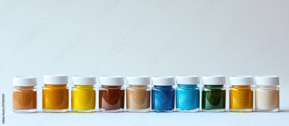 A collection of various colored paints in small glass jars with white caps, arranged on the right side against a plain background. The colors include yellow, brown, blue, and green. A collection of various colored paints in small glass jars with white caps, arranged on the right side against a plain background. The colors include yellow, brown, blue, and green.