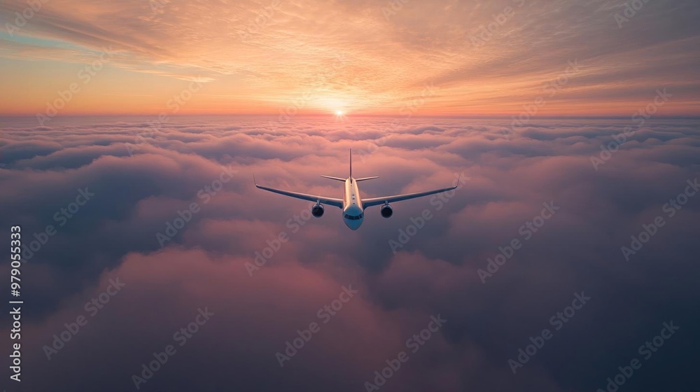Airplane flying above clouds at sunset.