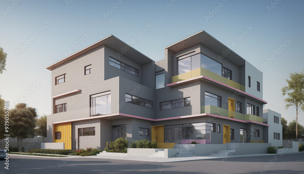 Illustrative frontal view of a new, modern and clearly architecturally planned house, new modern architecture, architectural visualization Illustrative frontal view of a new, modern and clearly architecturally planned house, new modern architecture, architectural visualization