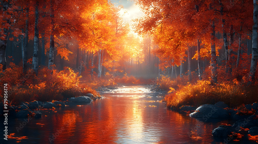 Fototapeta premium Autumn Forest Stream - Illustration