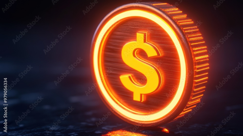 A glowing dollar coin, symbolizing currency and finance in a digital context. A glowing dollar coin, symbolizing currency and finance in a digital context.