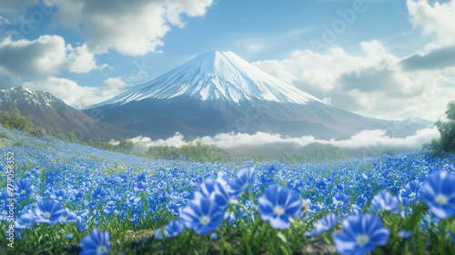 Realistic mountain fuji behind a field of blue flowers 