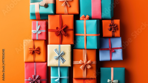 A collection of colorful gift boxes arranged in a grid pattern on an orange background. Each gift box is wrapped in vibrant paper and tied with various styles of ribbons. photo