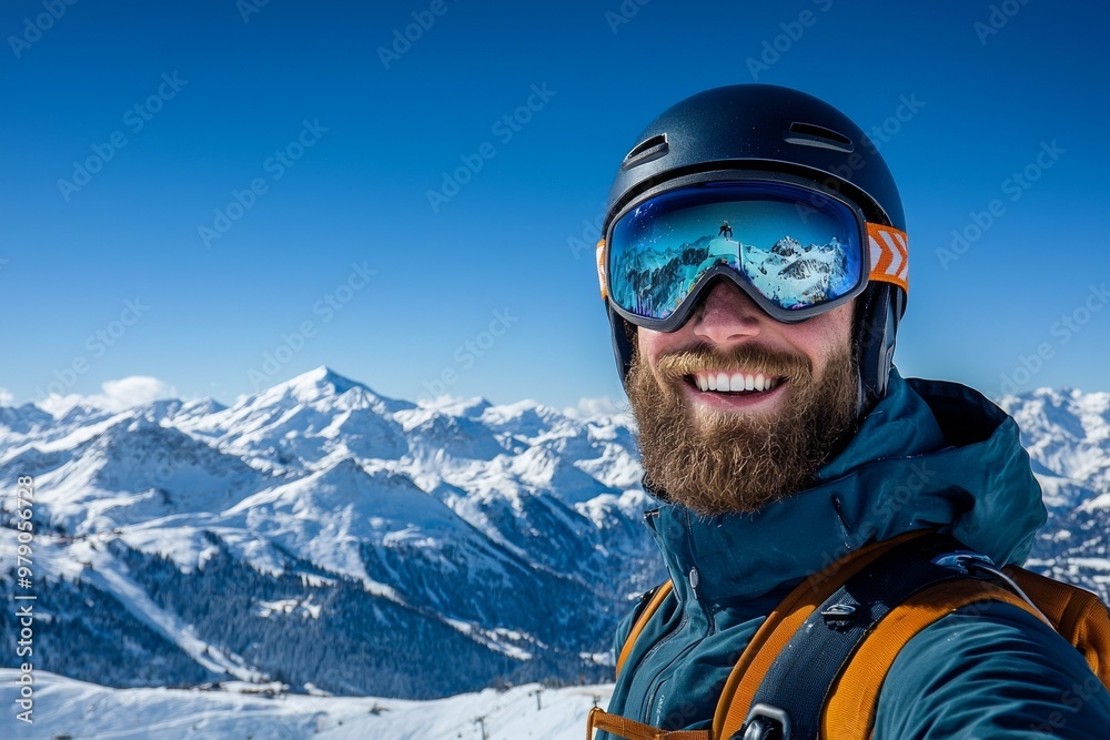 The picture shows a happy man wearing a helmet and goggles as he skis on a slope in the Zillertal, Austria. The picture shows a happy man wearing a helmet and goggles as he skis on a slope in the Zillertal, Austria.