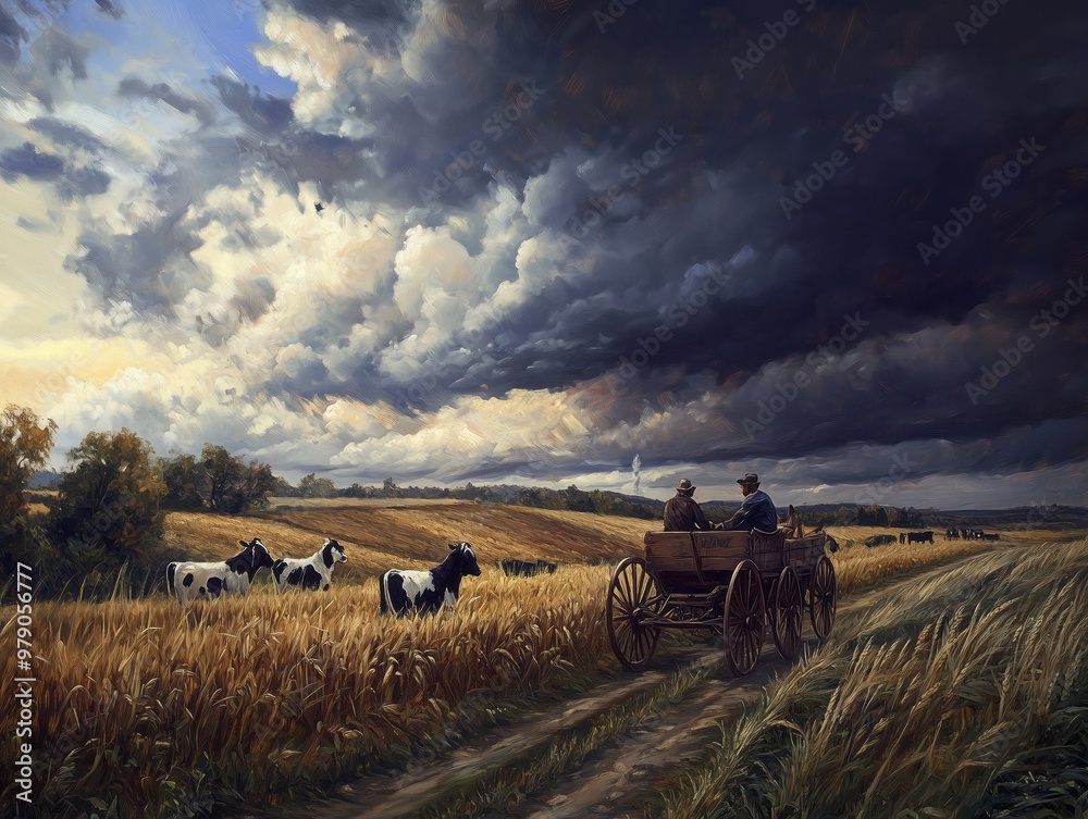 Obraz premium An oil painting of the English countryside in autumn. A farmer on an old wooden cart, pulled by horses, is driving through fields with wheat and cows scattered around him. 
