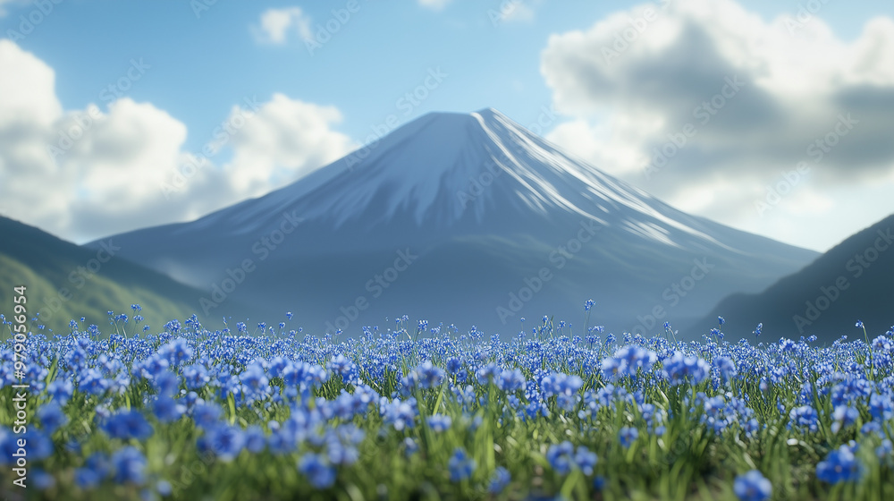 Fototapeta premium Realistic mountain fuji behind a field of blue flowers 