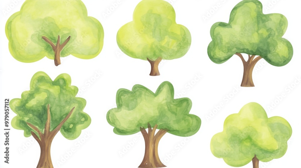 Fototapeta premium A set of watercolor green trees isolated on a white background for landscape and architecture sketches, elements for environment and gardens, botanical for spring sections