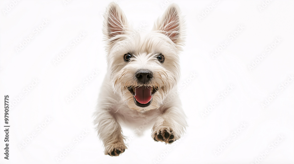 A white dog is running and jumping in the air A white dog is running and jumping in the air