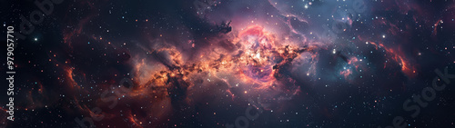 Vibrant cosmic scene filled with swirling nebulae, dust clouds and scattered stars. Background panorama.