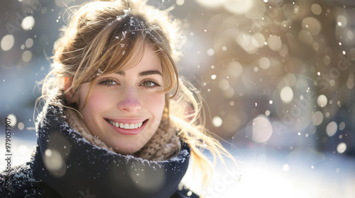 Young woman winter portrait. Close-up portrait of happy model. Expressing positivity, true brightful emotions. Christmas concept photo
