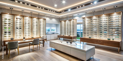 Modern optical shop with stylish spectacles and ambient lighting, optical shop, stylish, spectacles, ambient lighting