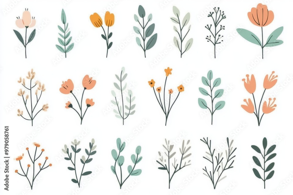 An illustration set of watercolor autumn leaves and branches on a transparent background. An illustration set of watercolor autumn leaves and branches on a transparent background.
