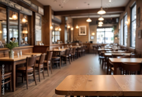 Lofty chill restaurant or cafe with wooden table and Depth of field , blurred background 