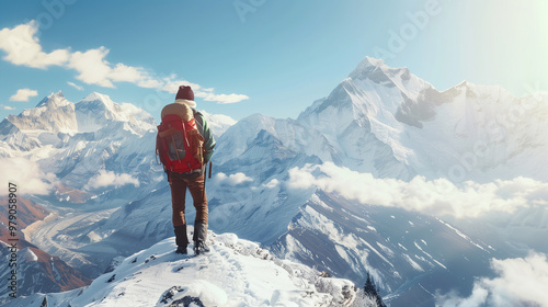 Guy on the top in mountains. Travel sport lifestyle concept