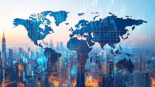 Global Stock Market Investments Cityscape Double Exposure with Trading Charts and Growth Concept.