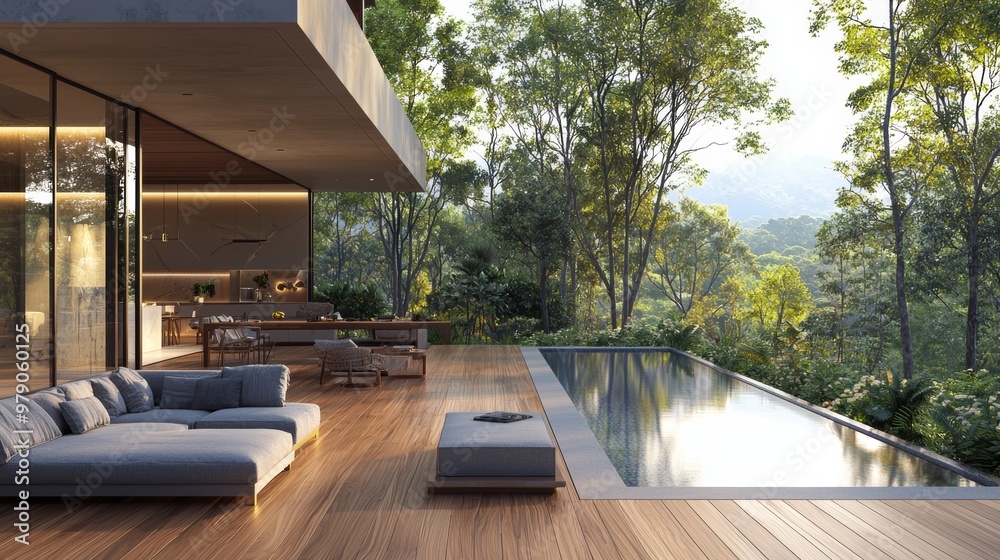 Fototapeta premium Stylish modern house with a swimming pool that evokes serenity and elegance.