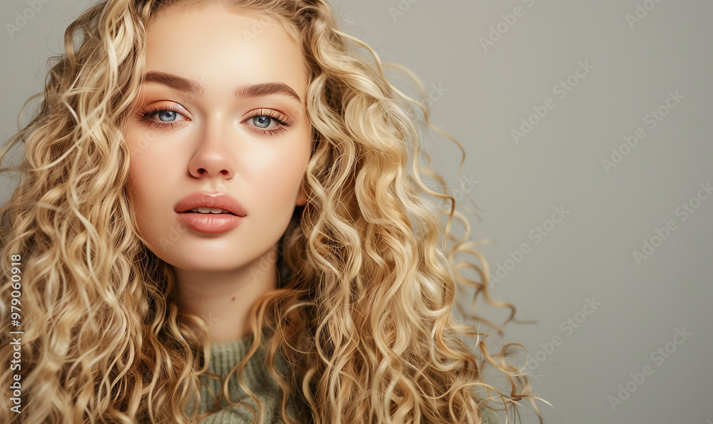 Fototapeta premium Cheerful blonde model face. Long blond hair, fresh skin and natural make-up looking at camera