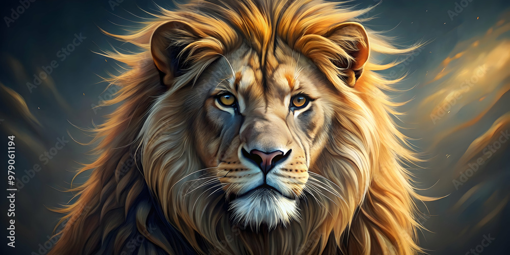 Naklejka premium A detailed of a fierce lion in a realistic style , Lion, wild, animal, predator, royalty, wildlife, safari