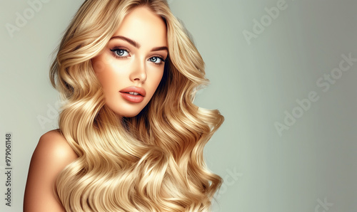 Adorable beauty fashion model with make-up, clear skin and blond long shiny wavy hairstyle. Hair care, coiffure and cosmetic concept