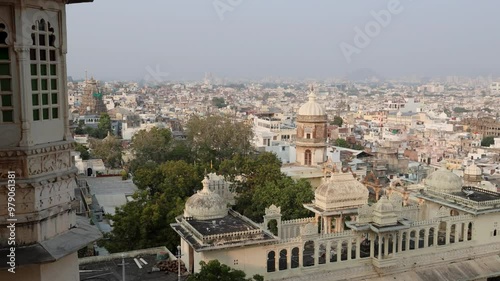 city view with artistic palace at lake shore at day