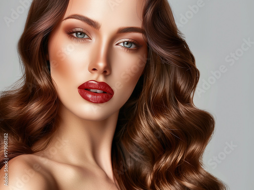 Glamorous brunette model woman with long curly hair. Young adult woman with hairstyle wavy curls. Fashion, beauty and makeup concept