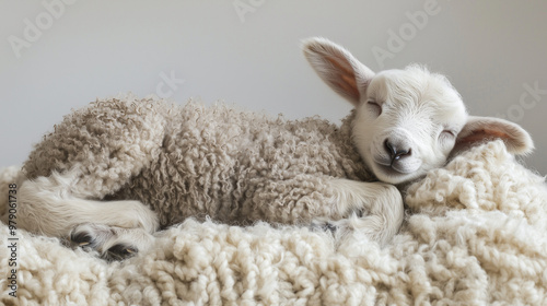 A lamb lying on its back on...
