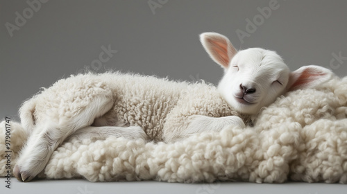 A lamb lying on its back on a pile of soft wool isolated on a simple background photo