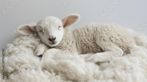 A lamb lying on its back on...