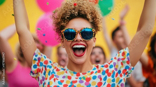 A group of excited friends jump up in during a surprise party capturing an unforgettable moment of pure joy and energy photo