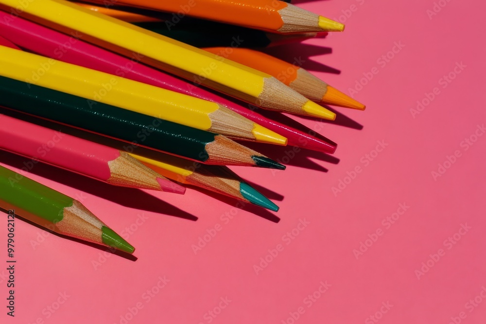 Colorful pencil tower with hard direct flashlight in office Colorful pencil tower with hard direct flashlight in office