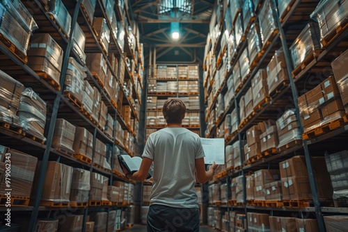 Individual analyzing inventory records in a large storage facility during the day