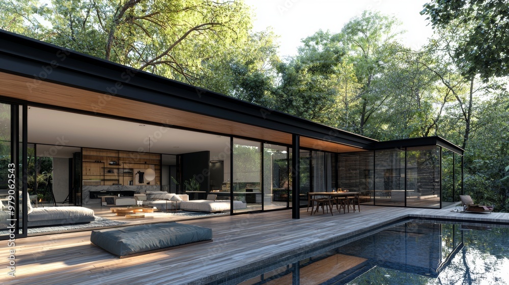 Stylish black pergola overlooks crystal clear pool surrounded by lush greenery and elegant teak furniture epitomizing luxurious outdoor living Stylish black pergola overlooks crystal clear pool surrounded by lush greenery and elegant teak furniture epitomizing luxurious outdoor living