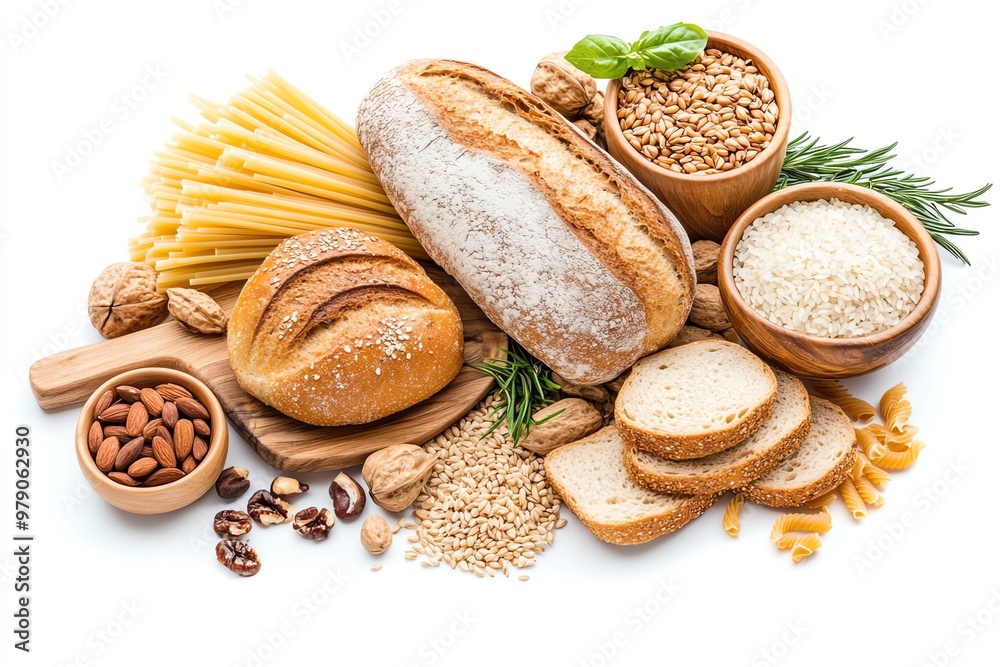 Assorted bread and grains arranged beautifully, ideal for culinary and food photography. Assorted bread and grains arranged beautifully, ideal for culinary and food photography.