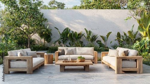 A modern outdoor living room set with wood table patio furniture garden decor summer relaxation concept shown in 3D in an illustration