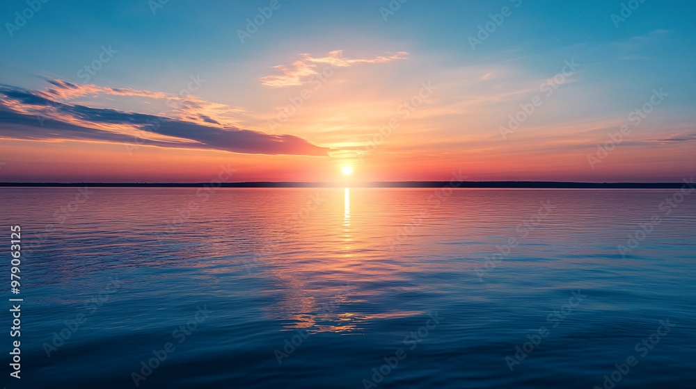 A vibrant sunset over a calm body of water, the sun reflecting on the surface. A vibrant sunset over a calm body of water, the sun reflecting on the surface.